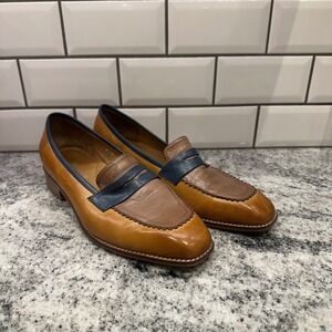 Mona Flying Womens 42 Loafers Tan Brown Navy Leather Scalloped Penny Flats Class